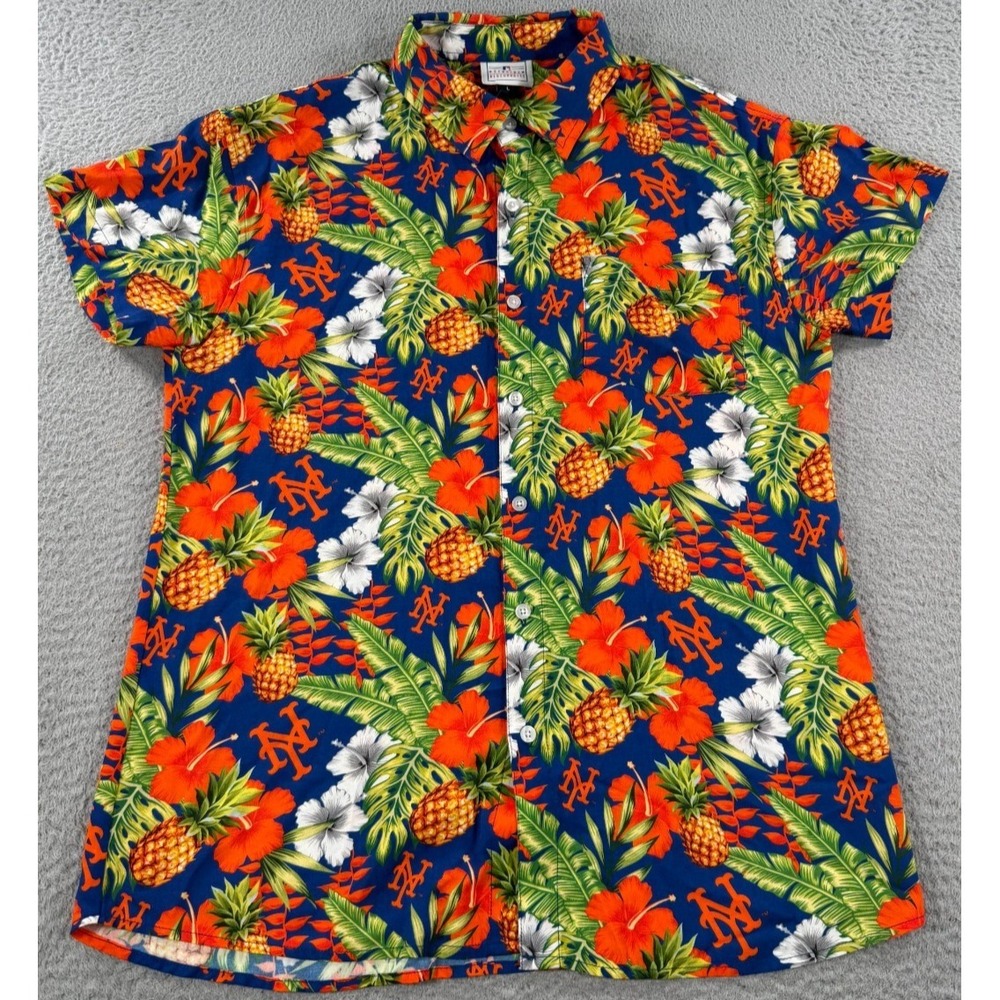 New York Mets Hawaiian MLB‎ Shirt Mens Large Orange Blue Short Sleeve Collared